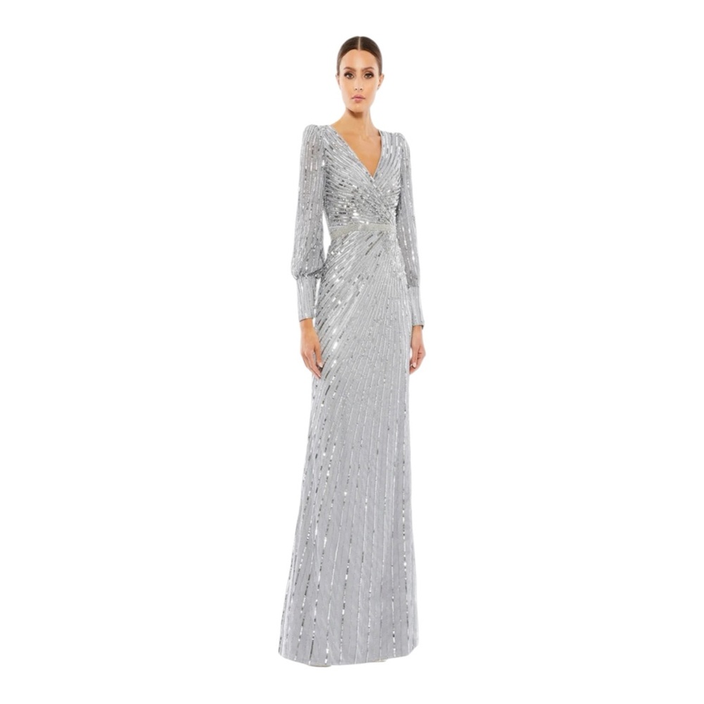 Mac Duggal 5501, Sequined Wrap Over Bishop Sleeve Gown COMING SOON!